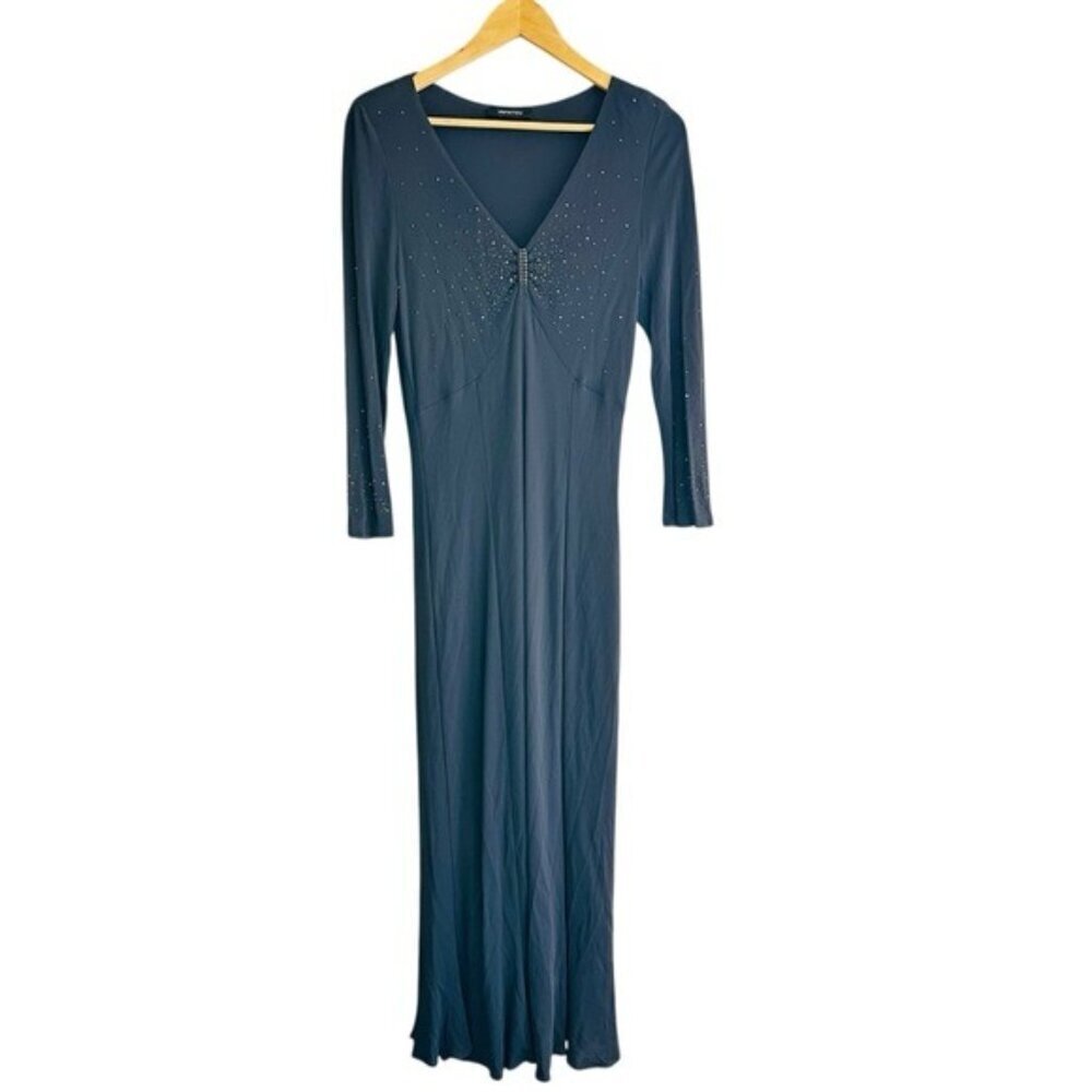 Elena Mirò Gray Studded Midi Dress Size 14 Evening Glam Long Sleeve Gown